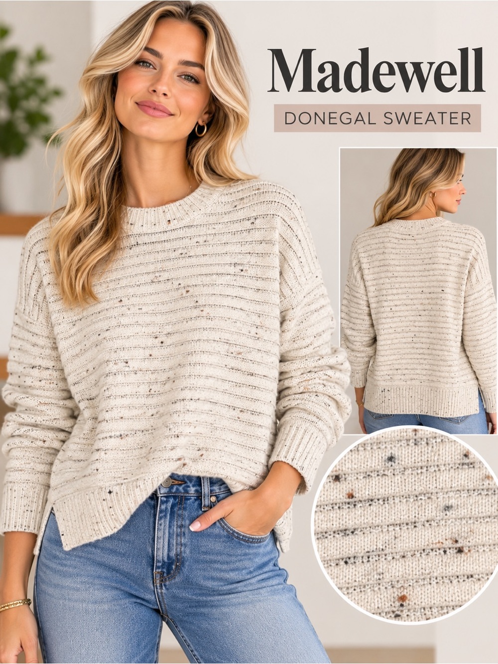 Madewell Donegal Flecked Ribbed Wool Blend Sweater Cream Size Small
